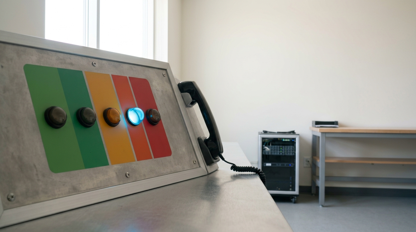 A paging console with a row of spend-threshold indicator lamps, one lamp caught mid-illuminating as it crosses from the amber band into the red band, a call-out handset resting in its cradle beside it