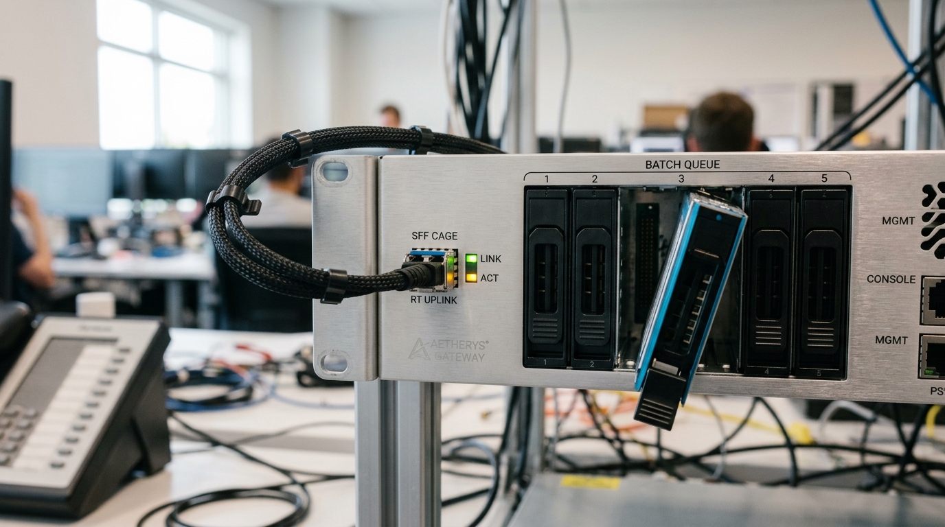 An inference gateway's face with one SFP transceiver seated and carrying live traffic on its real-time uplink, a second port beside it where a drive caddy is caught part-way into a small staging array that feeds the overnight batch queue