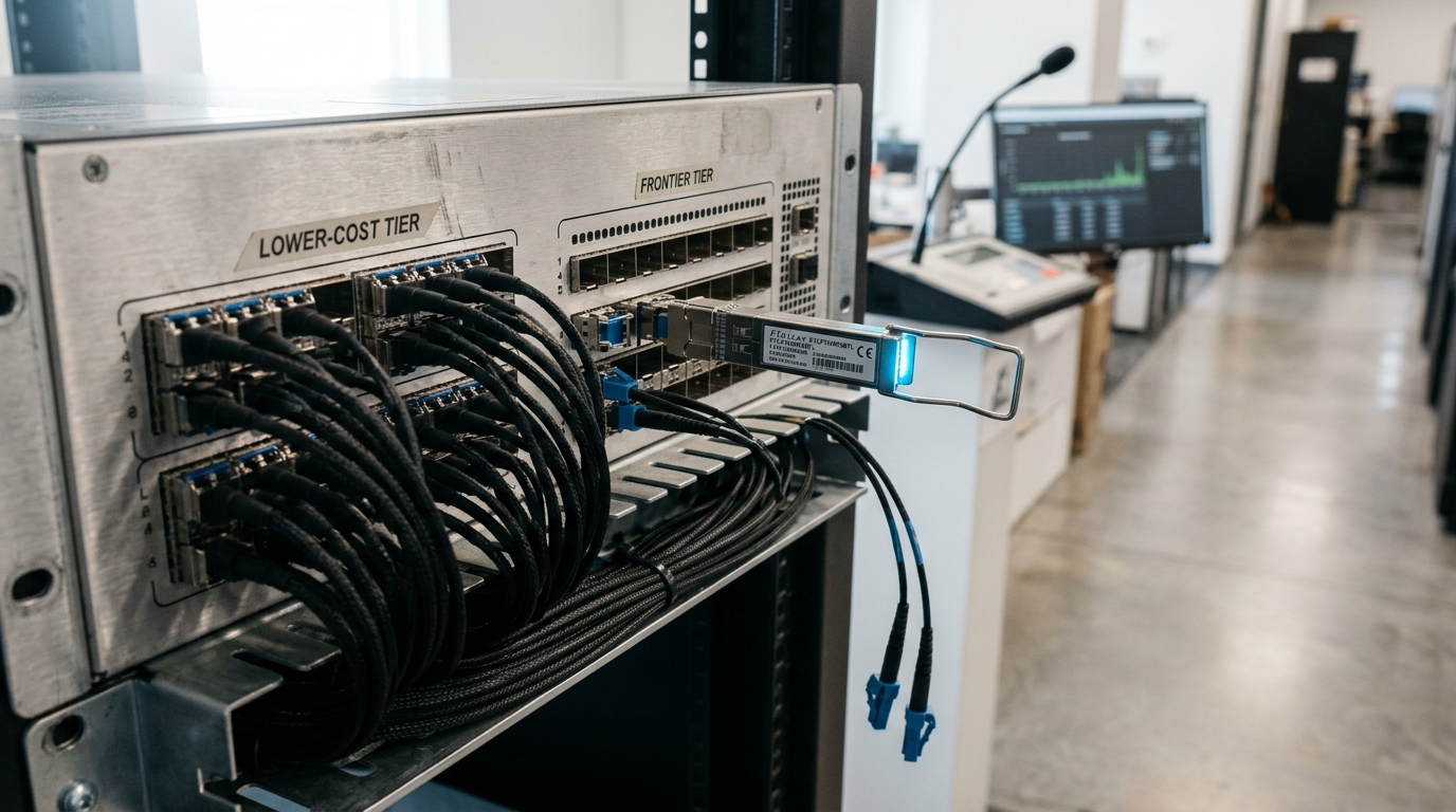A request-routing appliance's face with two tier ports side by side, a transceiver caught part-way into the heavier-tier port while the lighter-tier port beside it runs fully seated and busy