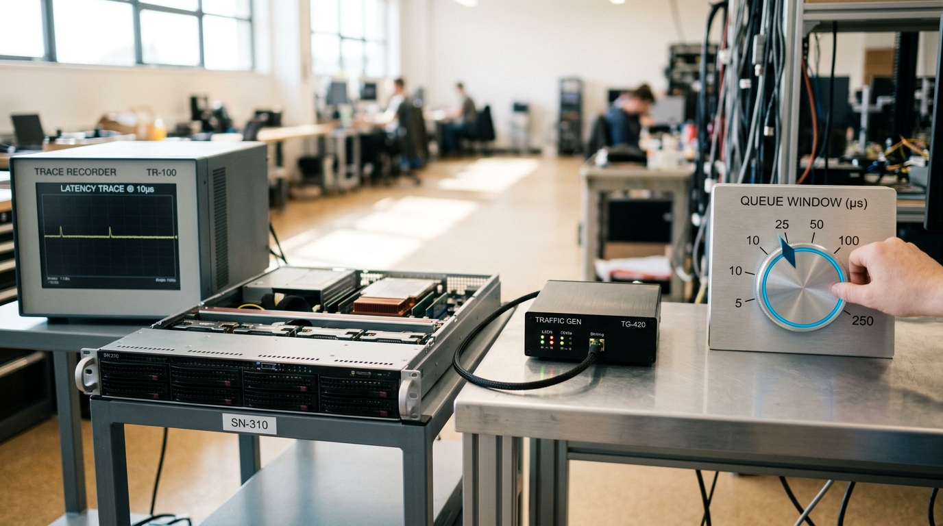 A latency test bench with a traffic-generator appliance wired to a serving node under test, a queue-window dial caught mid-turn between two marked settings while a trace recorder beside it holds a settled reading from the previous setting