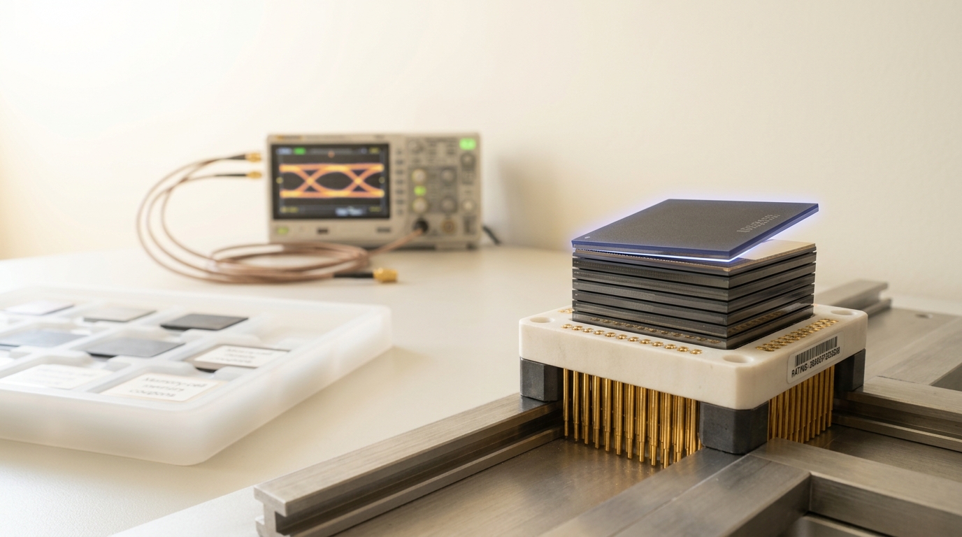 A prototype HBM memory cube in a ceramic test socket with its stack of dies only partly sealed, the topmost die tilted above its seat and gold-plated pogo pins visible beneath, a signal-integrity fixture standing soft-focus behind