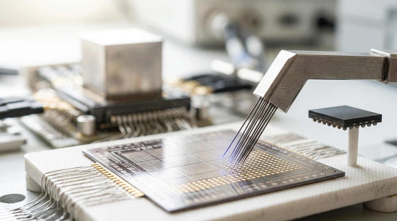 A memory die lifted clear of its logic base layer on a lab mount, the base layer's compute tiles exposed beneath a wafer-level probe arm lowered to within a hair of the contact pads but not yet touching