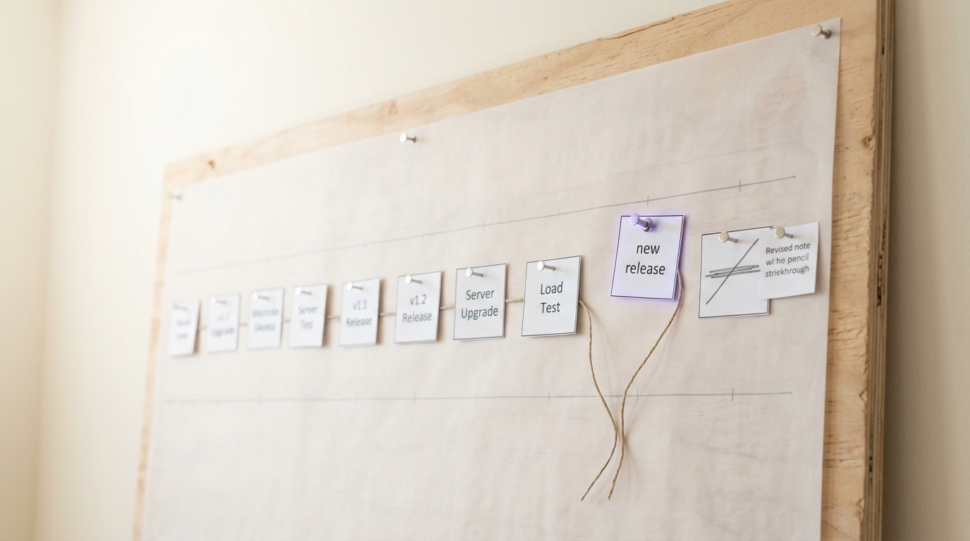 A printed technical roadmap chart pinned to a magnetic steel wall board with dated milestone cards and coloured elastic cord, one card held by a magnet not yet pressed flat and its corner still lifted