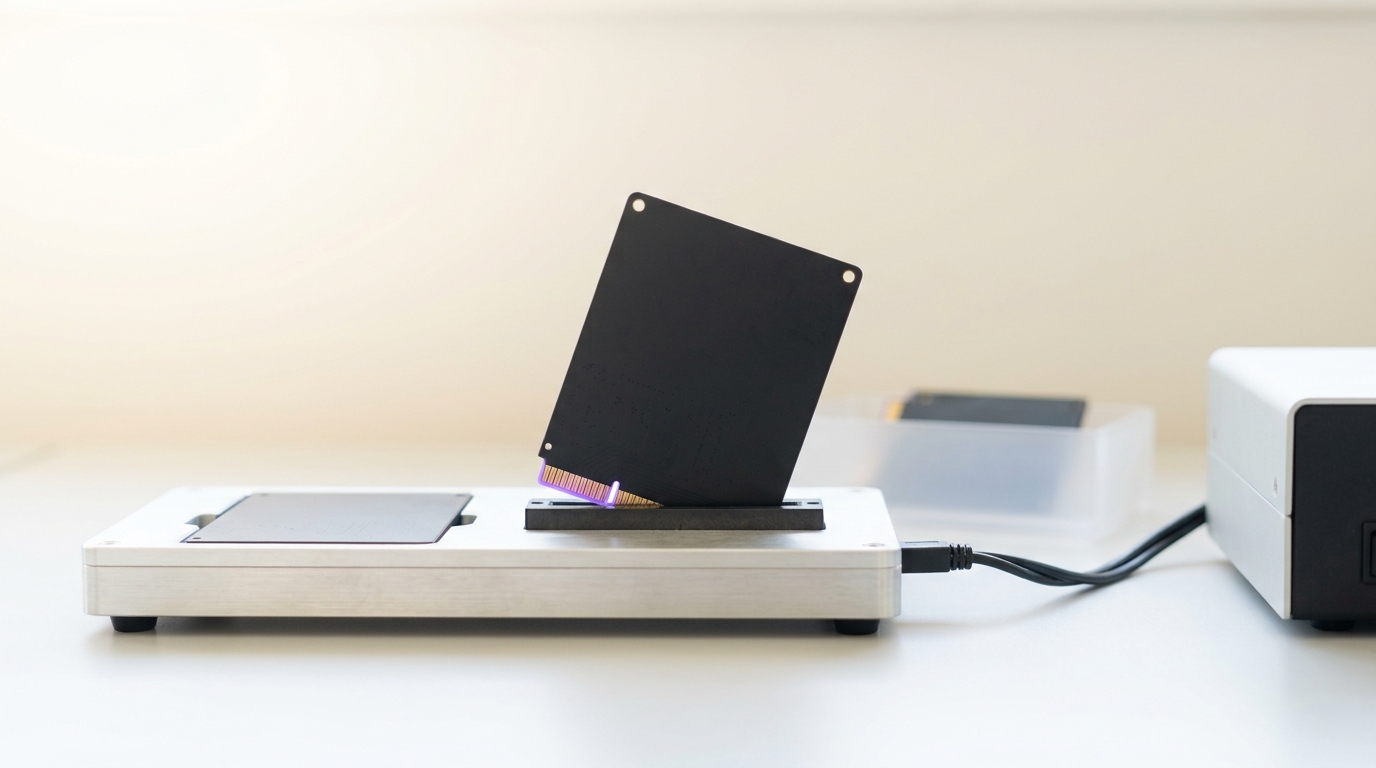 A CXL memory-pooling expansion card caught half-seated in an open test chassis riser, its gold edge connector only partly home and the retention latch still open, a fabric-switch fixture standing soft-focus behind