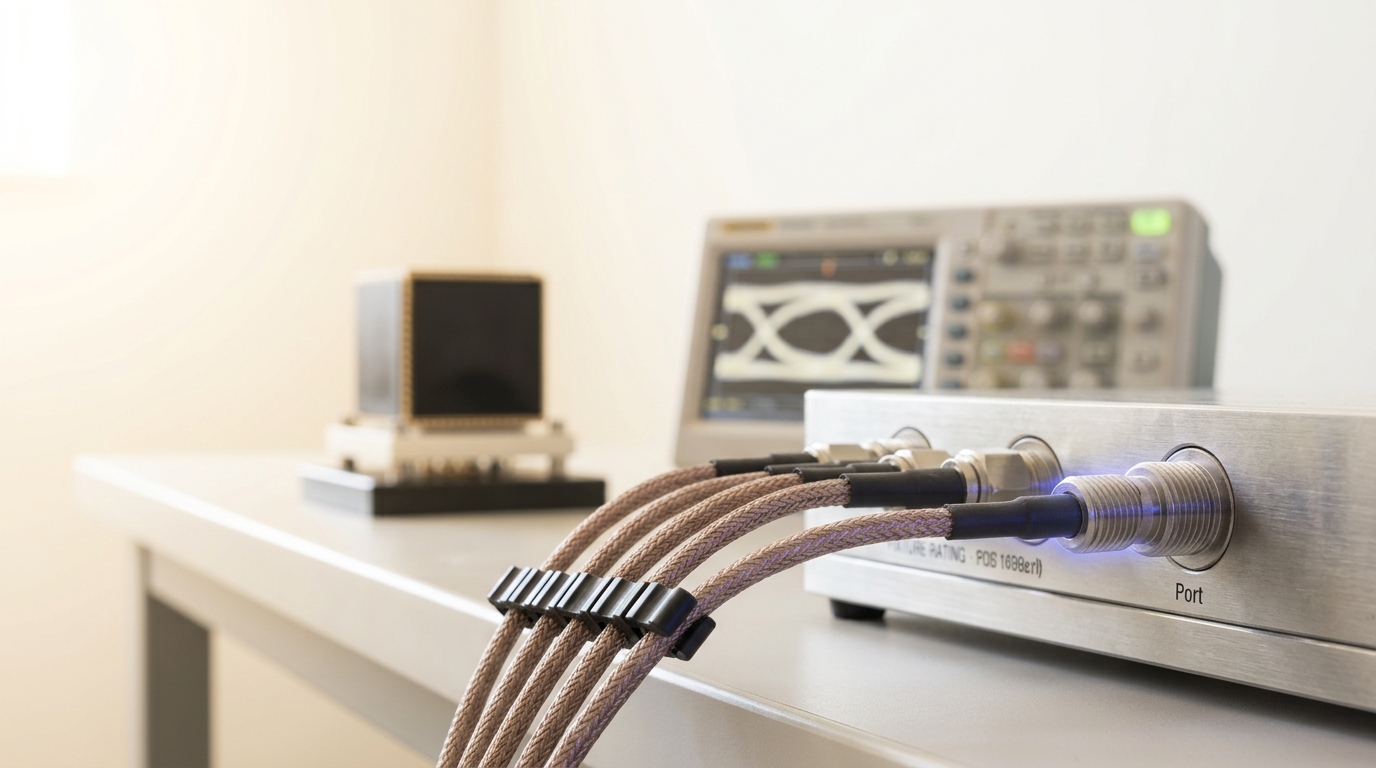 A signal-integrity test bench with braided SMA coax landing on a channel-test fixture, one connector caught mid-thread and not yet torqued home, a small oscilloscope mid-showing an eye diagram not yet fully closed