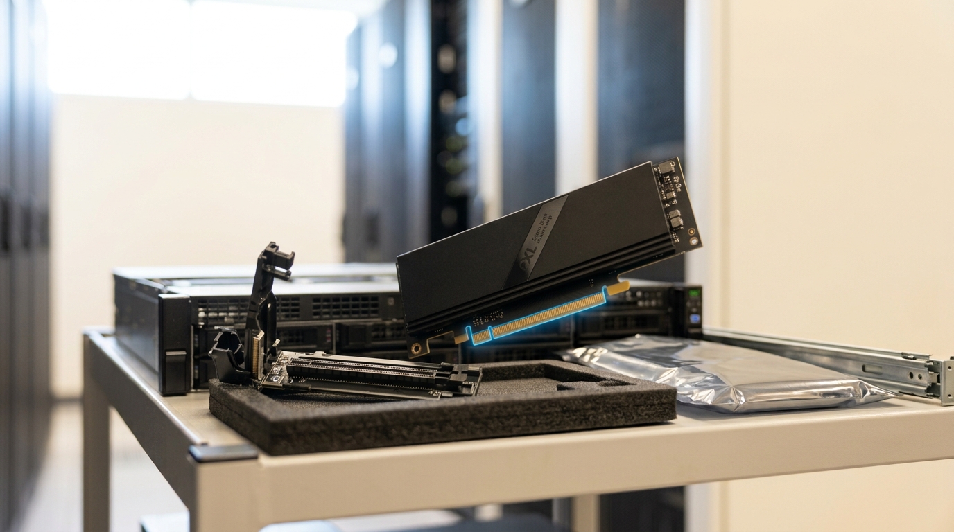 A CXL memory expansion card resting in an open anti-static tray on a diagnostics cart, staged beside an empty riser slot on a server chassis with its retention arm still swung open