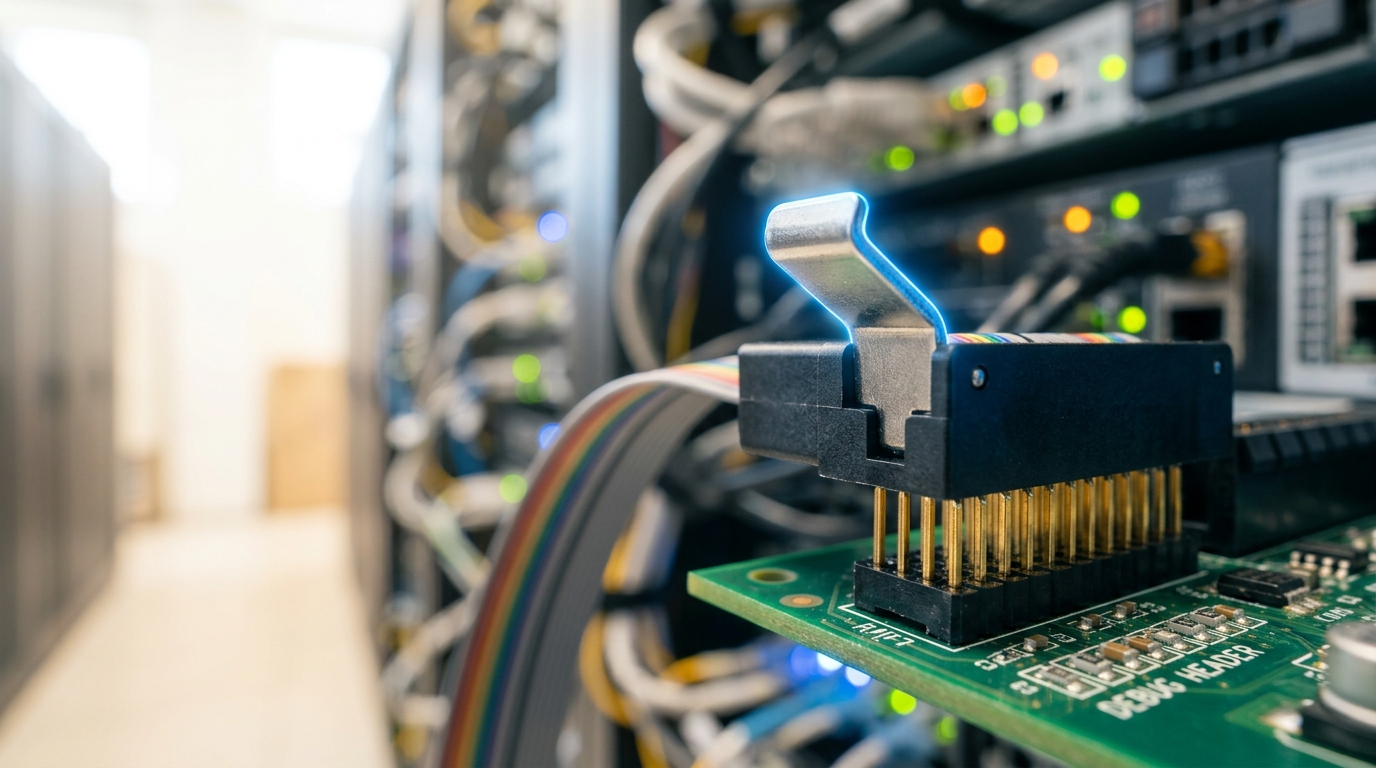 A riser debug harness connector caught mid-seat against a live server node's backplane, its latch tab not yet clicked home, cable run trailing back toward the profiling laptop