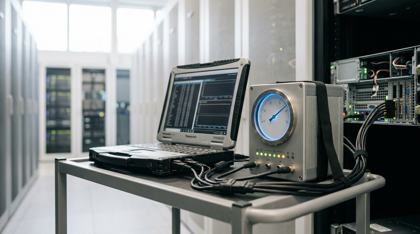 A ruggedized profiling laptop cabled through a riser harness to a live running server node, wired beside a separate boxy bandwidth-telemetry logger with dial gauges and indicator LEDs mid-reading