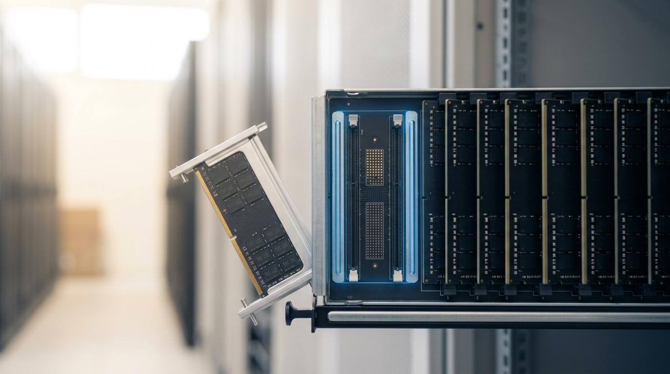 A close view of a memory riser tray with most bays populated and one bay still open, a module carrier waiting on the rail beside it, framed against the receding rack row