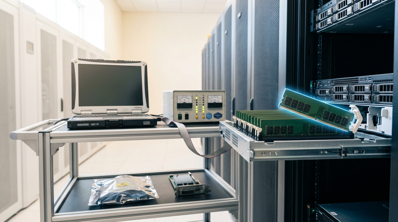 A production server's memory riser tray drawn part-way out in a live rack row, one memory module held just above its slot mid-reseat, with a diagnostics cart alongside carrying a bandwidth-telemetry logger and a CXL card staged in an anti-static tray