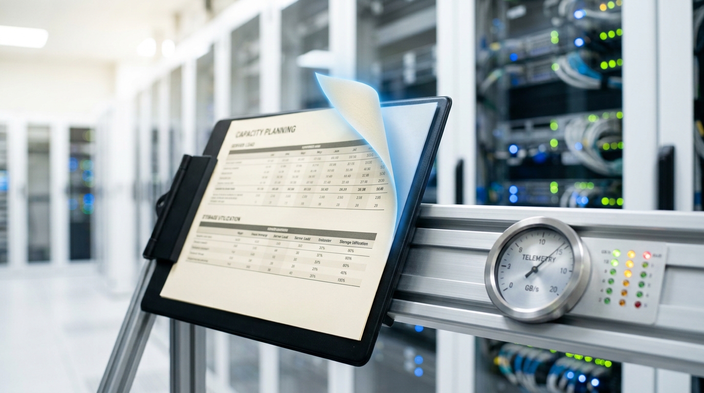 A capacity-planning spec sheet clipped to a hinged clipboard mounted on a diagnostics cart, its printed table turned partly away, beside the bandwidth-telemetry logger's dial