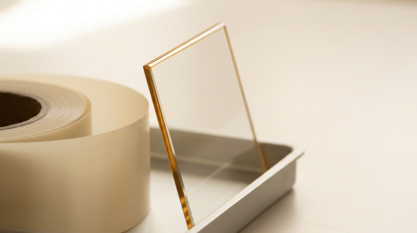 A thin rectangular glass panel sample standing upright in a shallow parts tray directly beside the reel of resin build-up film, the glass's edge catching a hard clean line of light the film does not catch