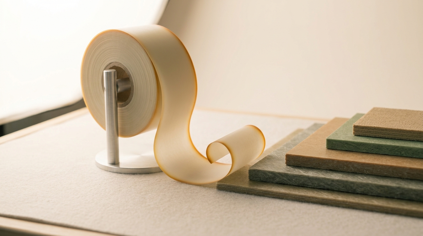 A partially unspooled reel of resin build-up film on a light table beside a stack of finished organic substrate panels of increasing size, the film's loose leading edge not yet reaching the nearest panel