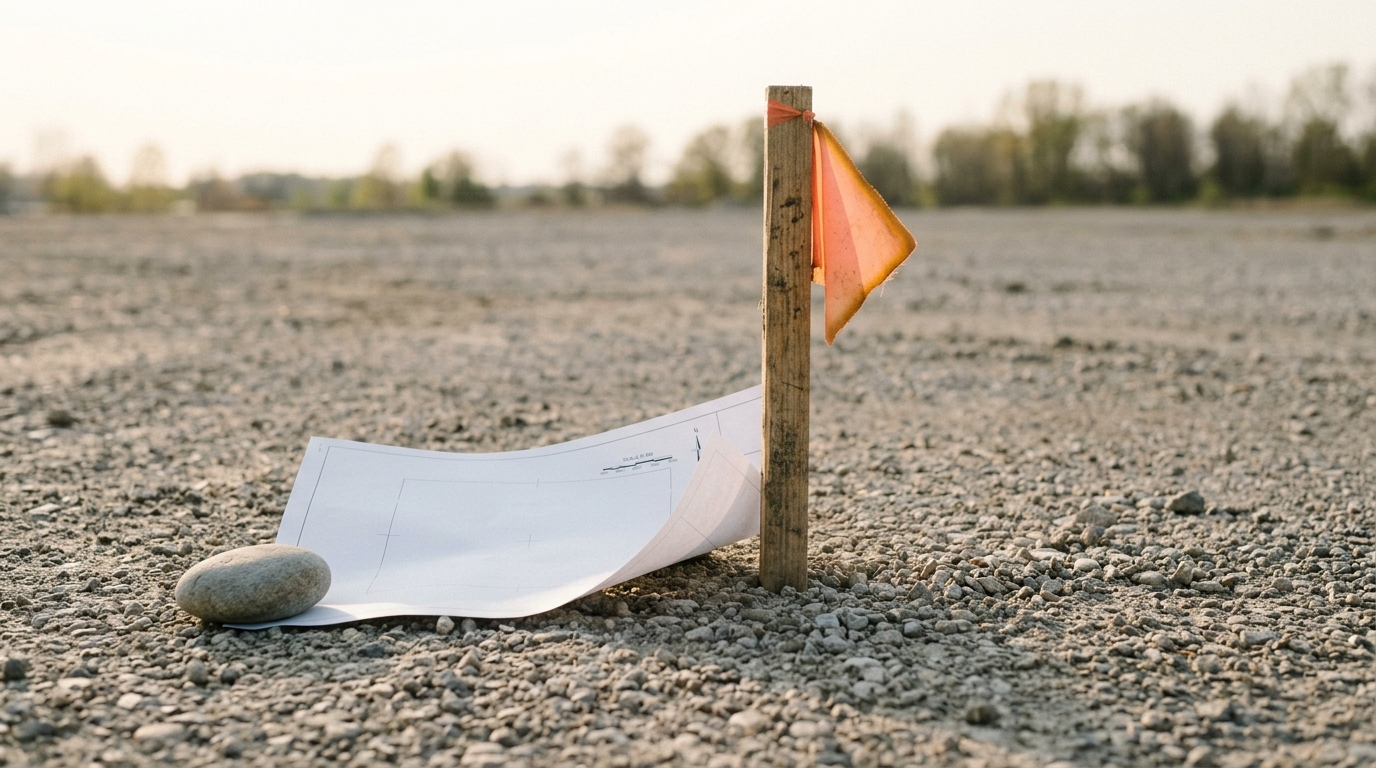 A surveyor's stake driven into bare gravel ground beside a small site-plan sheet held down by a stone, the plan's only legible marks a generic scale bar and grid lines