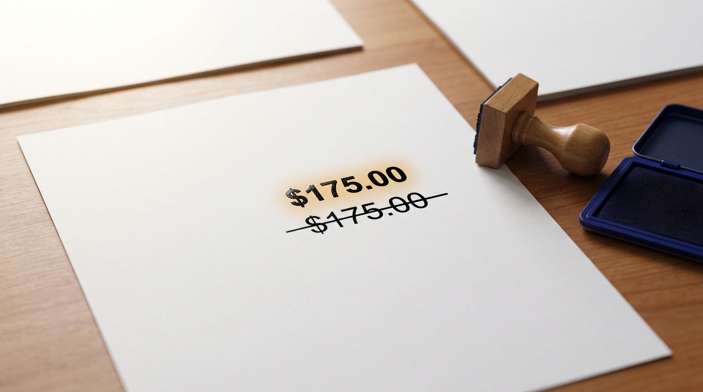 A price sheet with one line crossed out by a straight ruled line and a new figure stamped just above it in fresh ink, a rubber stamp resting beside the page