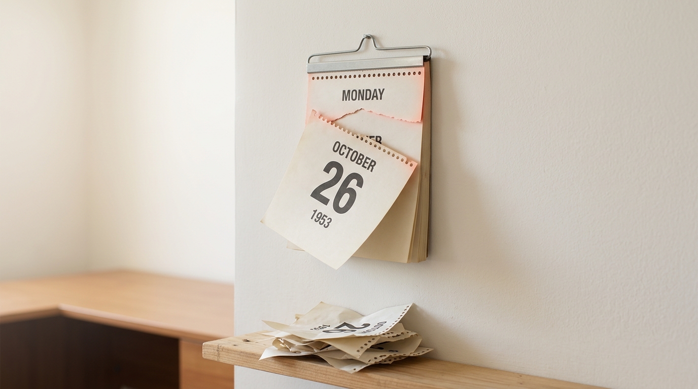 A wall calendar pad with a small pile of torn-off leaves beneath it and the currently displayed leaf caught half-torn, still attached along one edge