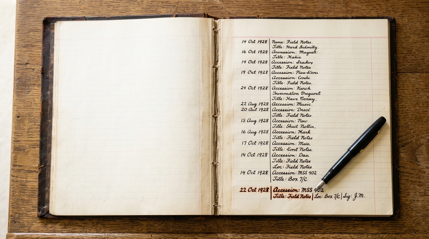 A hand-bound ledger book open on a sloped desk showing a column of dated entries in fountain-pen ink, the bottom entry's ink still wet and darker than the dried rows above it