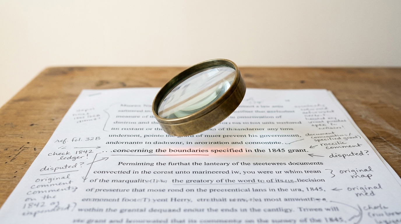 A plainer second desk off to one side holding a magnifying loupe tilted mid-lift over a marked-up printout covered in handwritten annotations, no stamp or ledger present on this desk