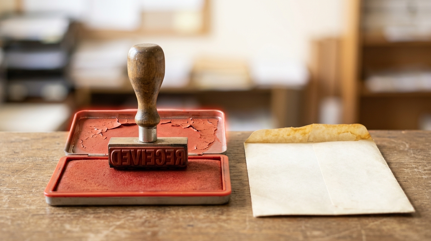 A "received" rubber stamp resting dry on its ink pad beside a separate envelope whose exposed edge has visibly yellowed, no ink mark anywhere on the envelope itself