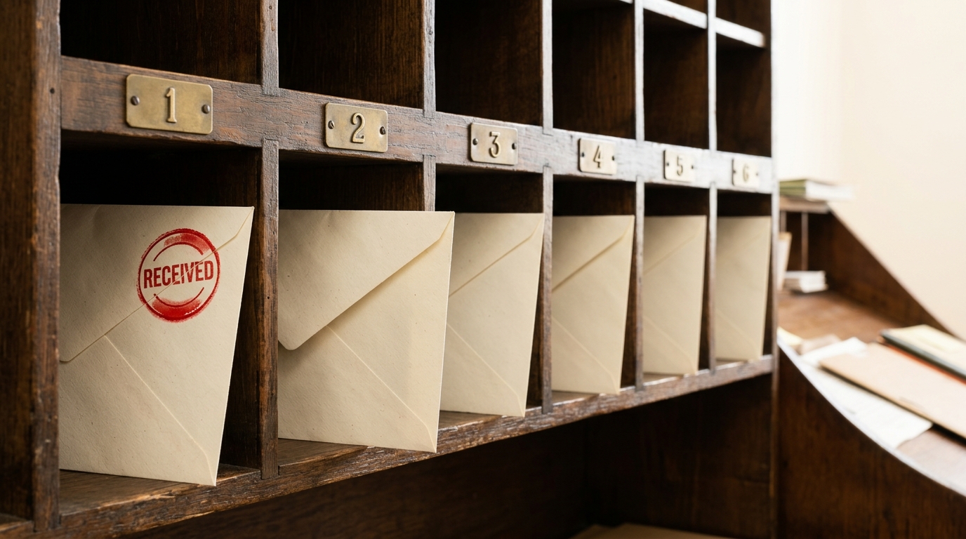 A wall of six numbered pigeonhole mail slots in an archival office, each holding one envelope, only one envelope bearing a fresh red "received" ink stamp