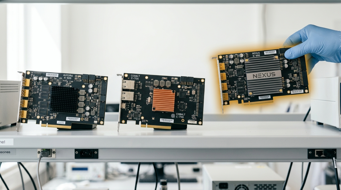 A small, distinctly shaped inference-optimized test board caught being lowered onto a shared reference platform beside AMD's larger MI-series accelerator boards on a bright bench