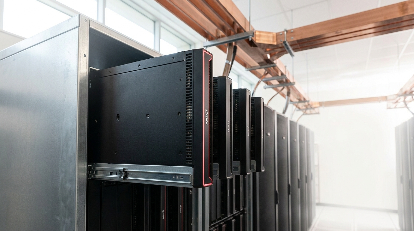 An AMD MI450 accelerator node part-withdrawn on its rack rails in a bright datacenter, its bezel carrying a small AMD maker's mark, caught mid-slide with an overhead busway feeding the row above