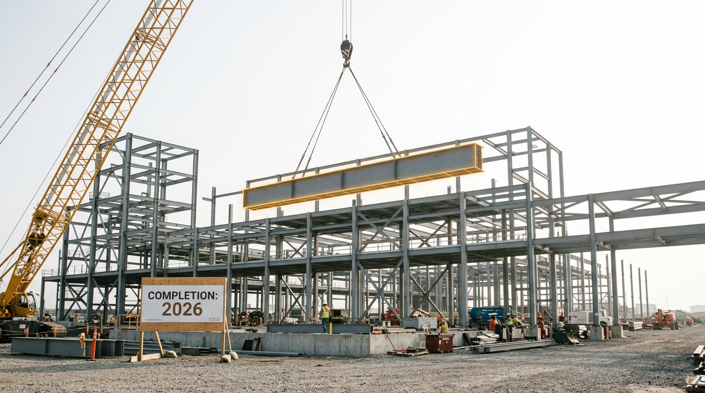 A large packaging tool caught being lowered into a partially finished cleanroom bay under construction, structural steel still exposed overhead