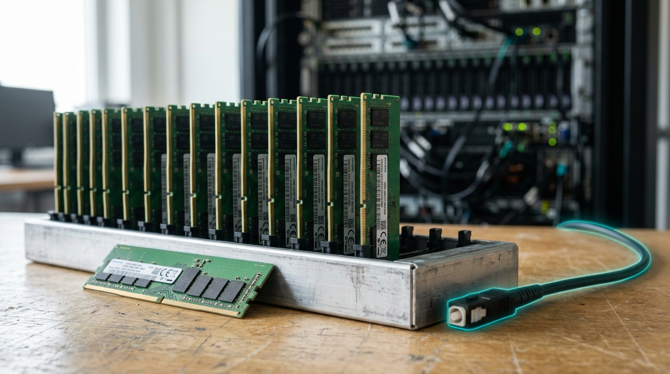 A row of DDR5 server memory modules standing in a bench tray, a single black fibre-optic cable leading away from the tray toward an unseen switch, most module slots filled and one still empty