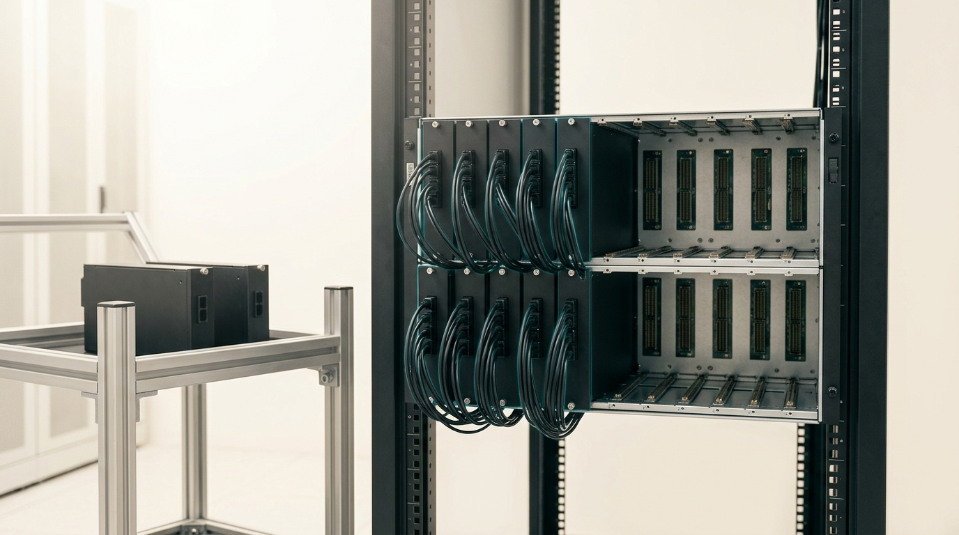 A rack-mountable chassis with sixteen module bays, roughly half fitted with photonic fabric modules and their fibre leads, the rest showing empty backplane connectors