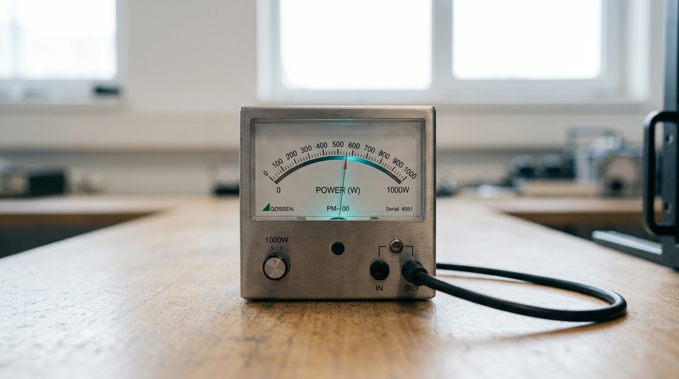 A single analogue power meter wired to a rack appliance with one needle mid-swing on its dial, no secondary meter or sub-metering visible anywhere on the equipment beside it