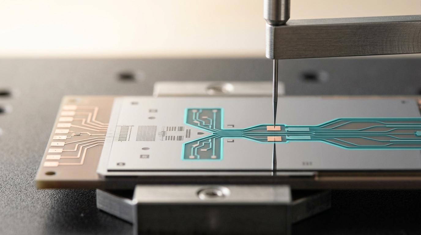 A silicon interposer test sample on a probe station with an optical bridge structure routed toward the centre of the die rather than its perimeter, a probe needle positioned just short of contact