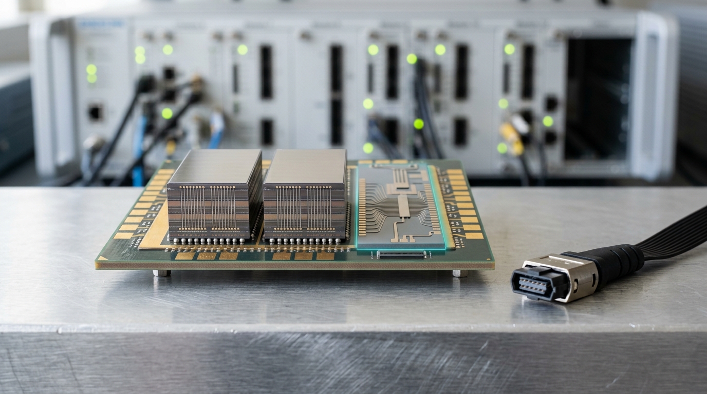 A cut-away 2.5D package cross-section on a bench, two HBM3e stacks and a photonic interposer laid open side by side under raking light, a fibre-array connector resting just beyond the package edge