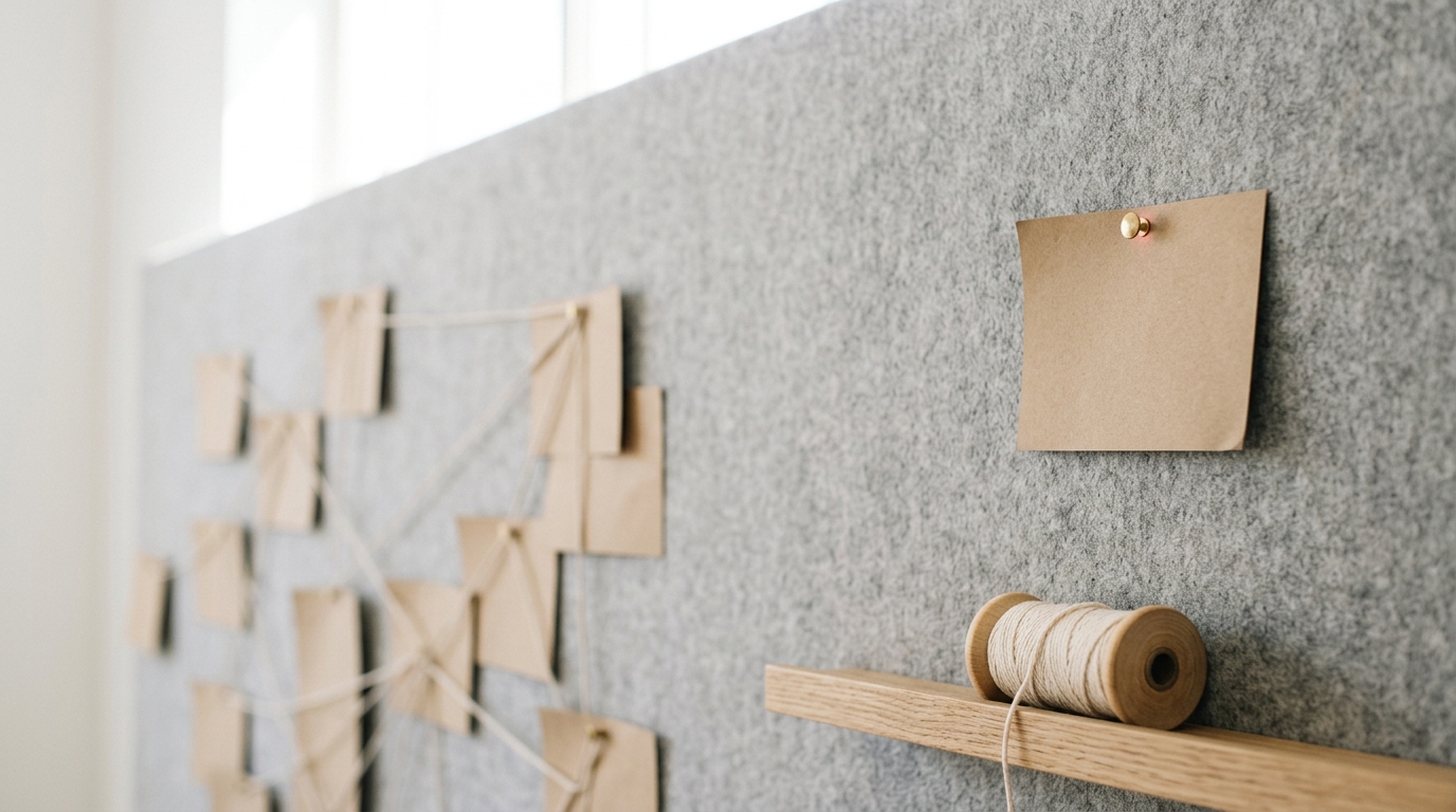 The far edge of the scenario-planning wall, where a single fresh kraft card is pinned alone beyond the four linked clusters with no string yet running to it, a mostly-full spool of cotton string resting nearby