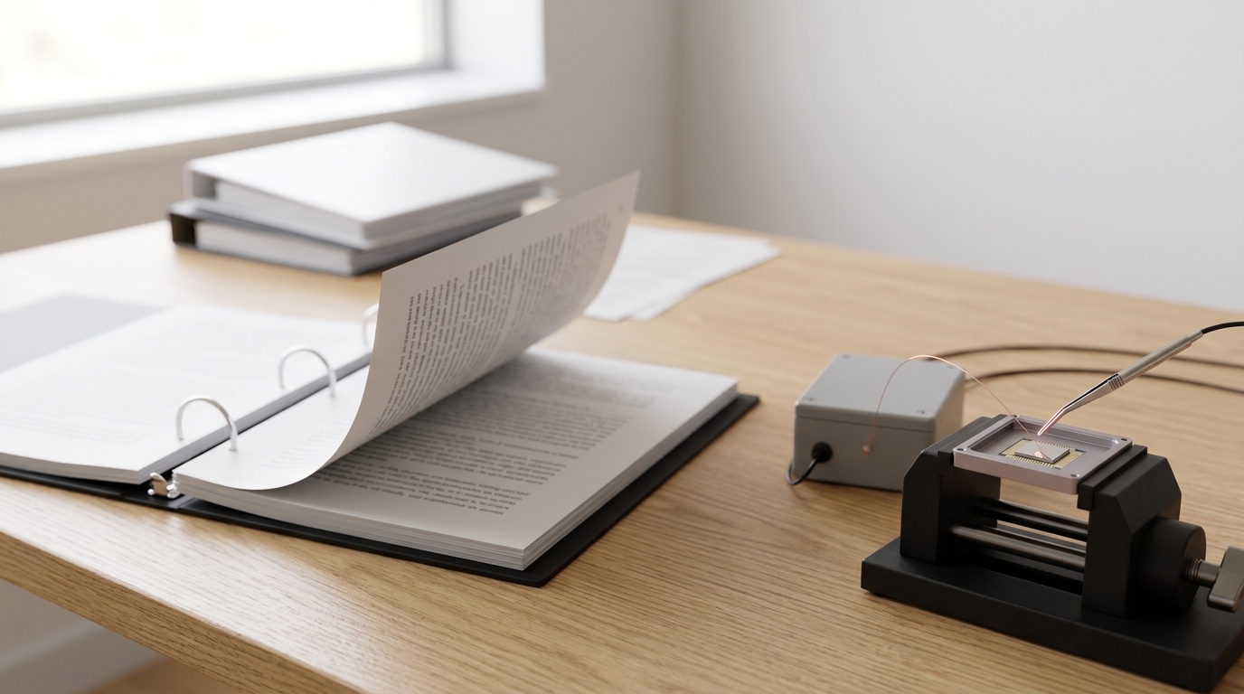 An open ring binder of printed principles with one page caught mid-turn on a light-oak desk, beside a small interpretability probe rig whose fine debug clip hovers just short of a chip die pad
