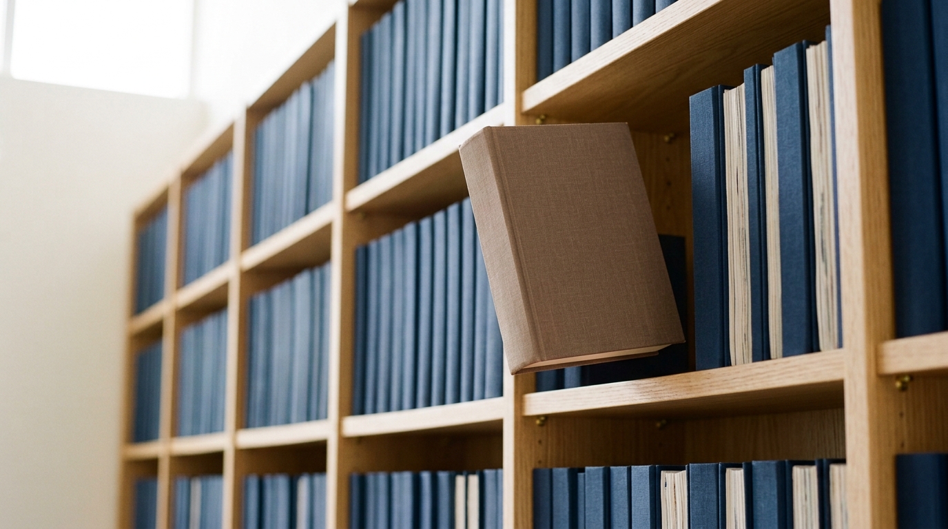 A shelf of identically bound safety-framework binders with one differently bound volume held out at the gap where it would sit, its spine turned away and not yet slotted in