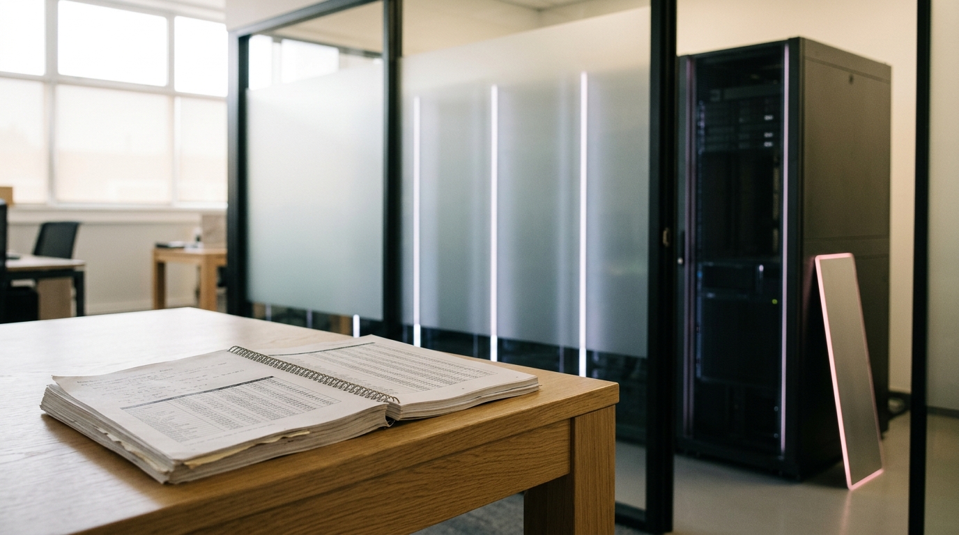 A bound capacity-planning printout open on a desk in front of a frosted-glass partition, beyond which one server unit in a small rack row sits with its blanking plate off and its status strip still dark while its neighbours glow softly