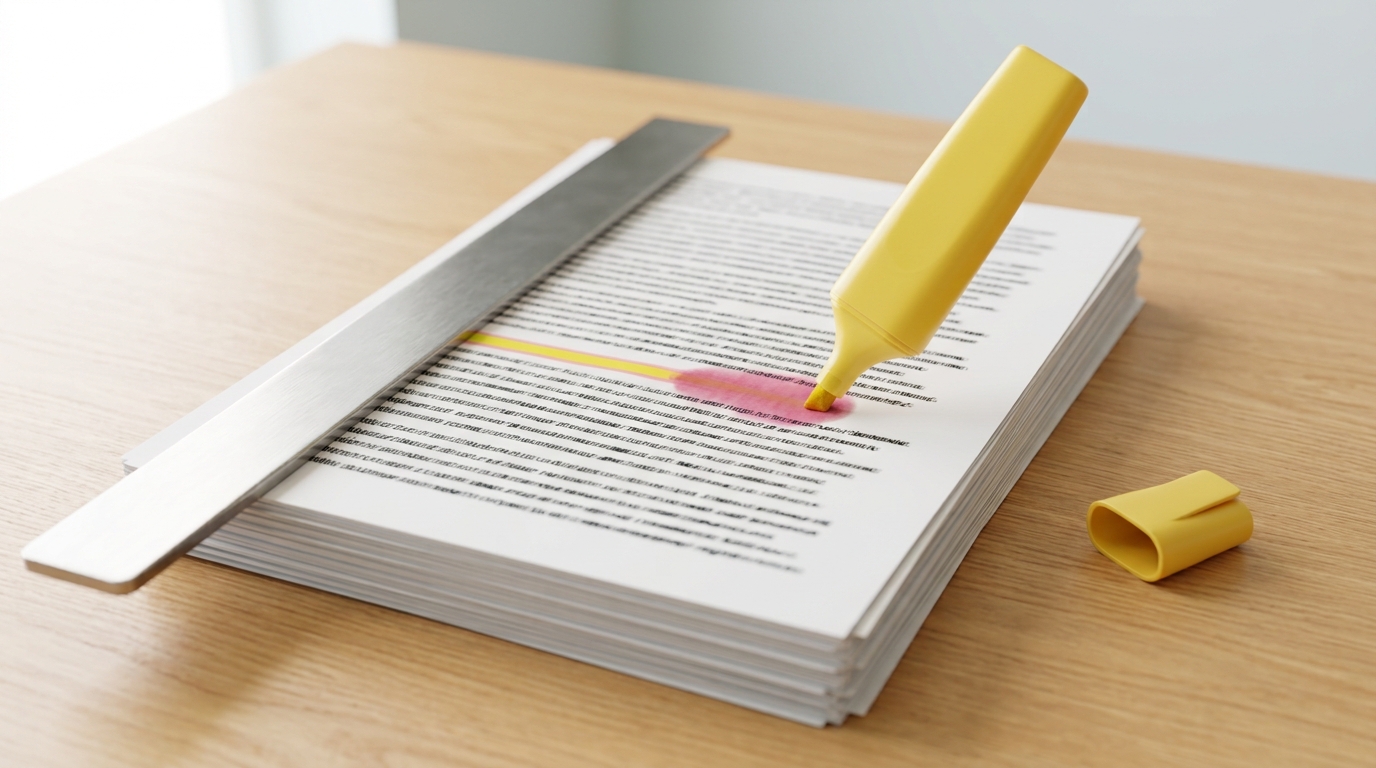 A steel straightedge holding down a printed evaluation transcript on a bench, a highlighter caught mid-stroke with its cap off and its ink trail stopping partway across the line