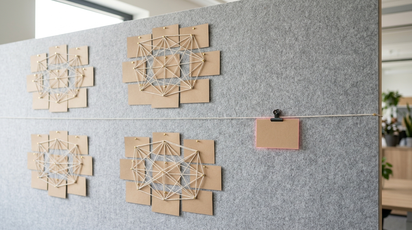 A felt scenario-planning wall with four clusters of pinned kraft index cards linked by cotton string, and one blank card caught mid-slide on a clip along a taut guide string, not yet pinned into any cluster