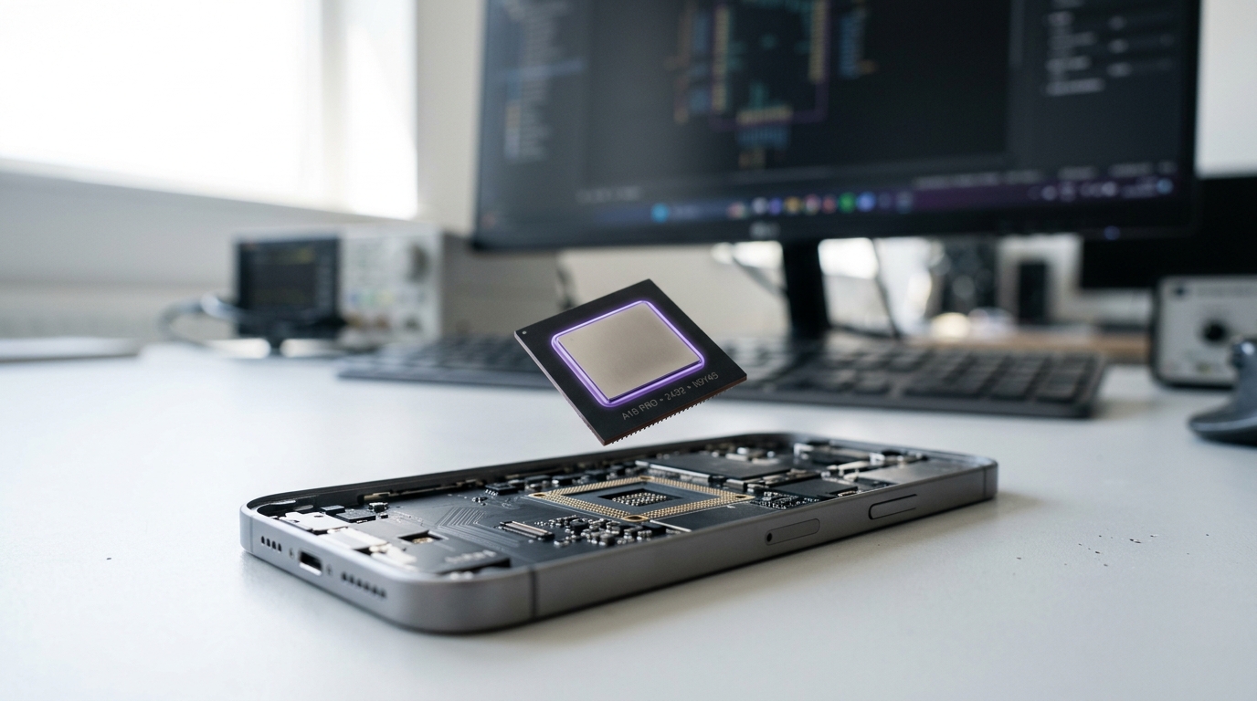 A finished chip package on a bright bench, caught being lowered into a single specific consumer device chassis rather than a generic test socket, no other product option visible anywhere in frame