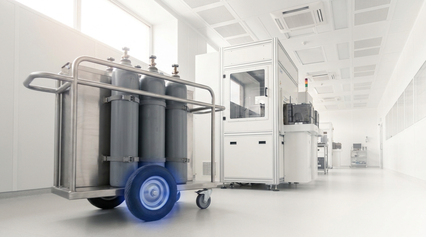 A materials cart in a bright cleanroom holding several precursor gas cylinders, one caught being wheeled into position beside a deposition tool, not yet connected