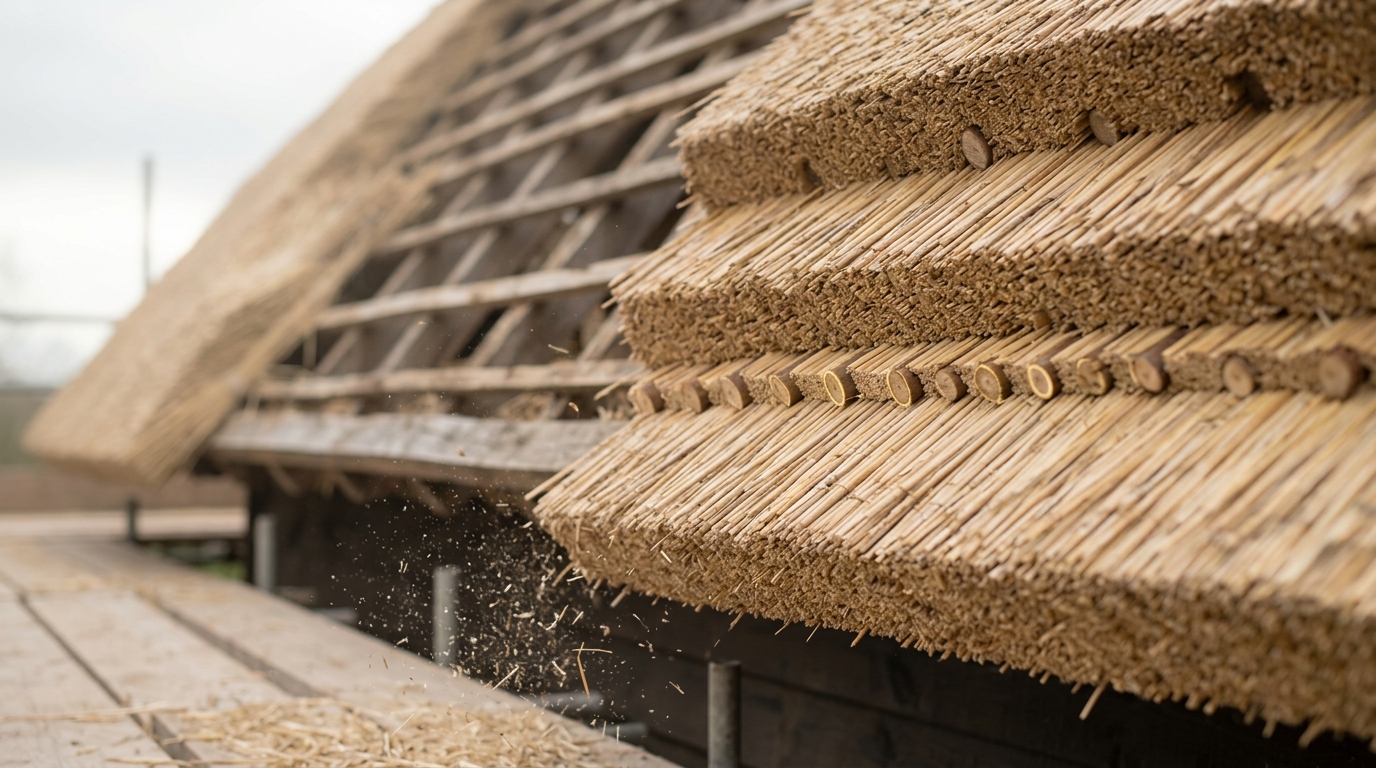 An extreme close view along the freshly cut face where a stripped bay meets the finished coat, the layered courses and the buried ends of hazel spars showing in section with chaff still falling