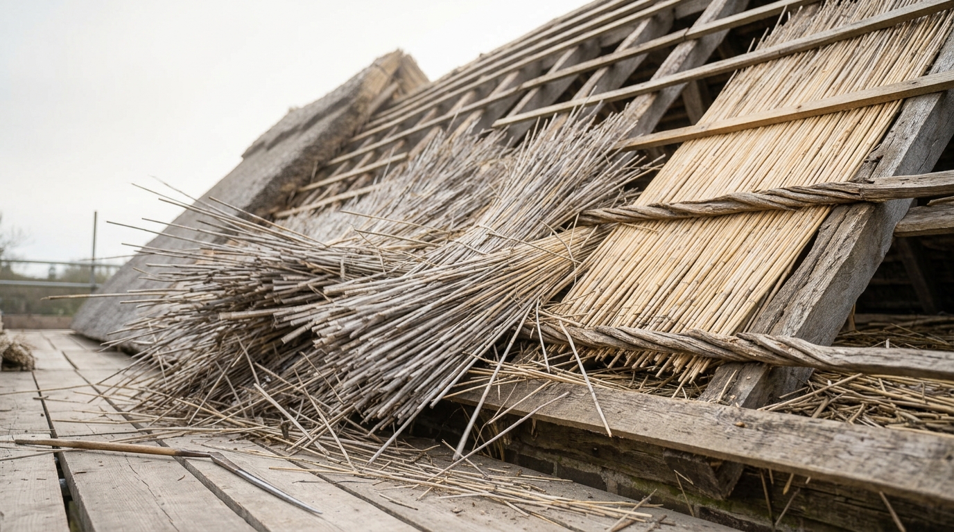 A mass of bleached silver-grey spent thatch caught mid-slide down a roof slope towards the scaffold boards, with sound pale reed and old spar ends showing in the strip it has just uncovered