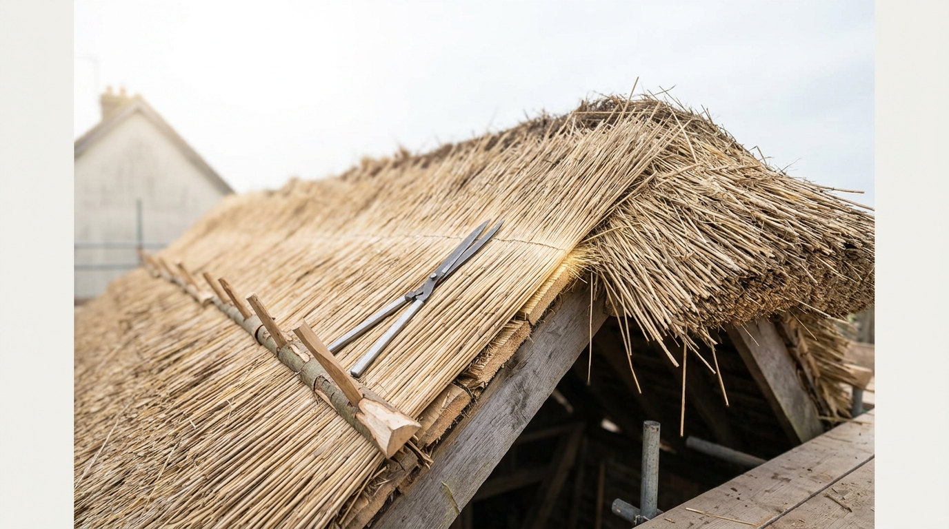 A flush ridge along the apex of a thatched roof caught part-cut, one length trimmed to a clean shaped line and the next still shaggy and untrimmed, with shears resting on the coat