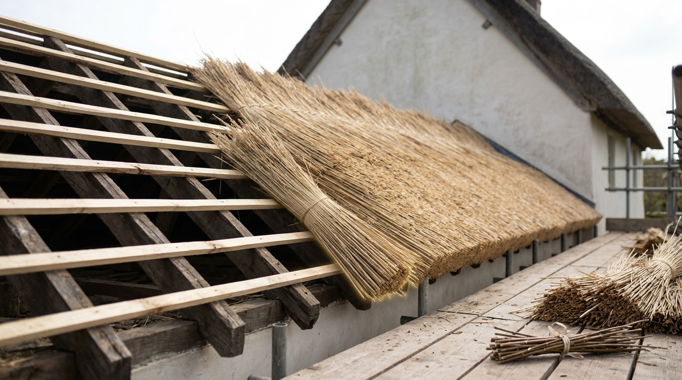A thatched roof under repair seen from the scaffold, one bay stripped to bare rafters and battens beside a finished dressed coat, with a single yealm of combed wheat reed sitting proud on the boundary course