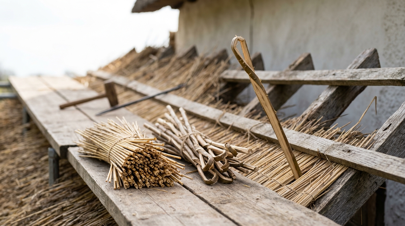 Scaffold boards carrying a stack of combed wheat reed yealms and a bundle of twisted hazel spars, with one spar caught half-driven into the new course and still standing at an angle