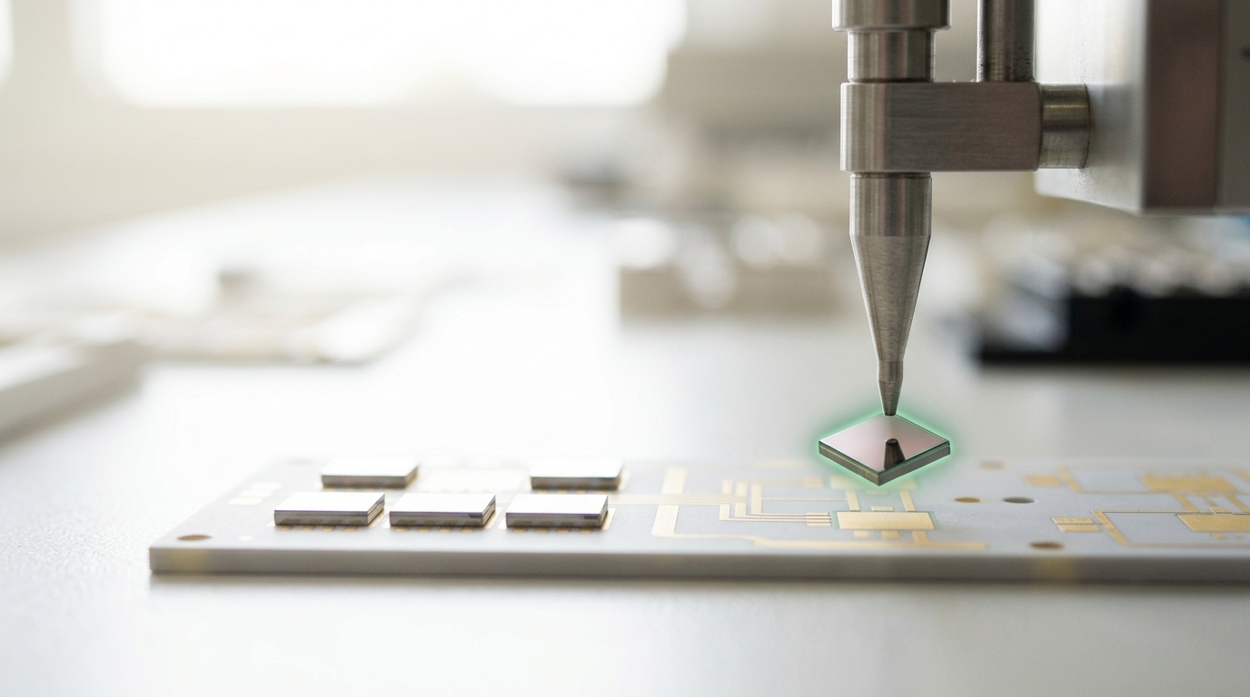 A single diced die caught being placed onto a packaging substrate on a bright assembly bench, the die still a fraction above its landing position, the substrate's other sites already populated