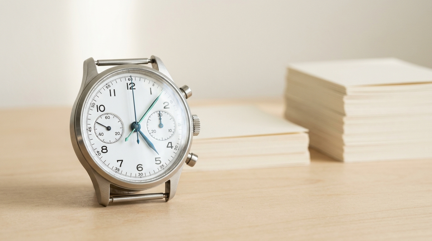A two-register mechanical chronograph on a plain desk, its slim split hand halted at an earlier position on the dial while the broader main sweep hand continues past it, two stacks of blank task cards of clearly different heights standing softly out of focus behind it