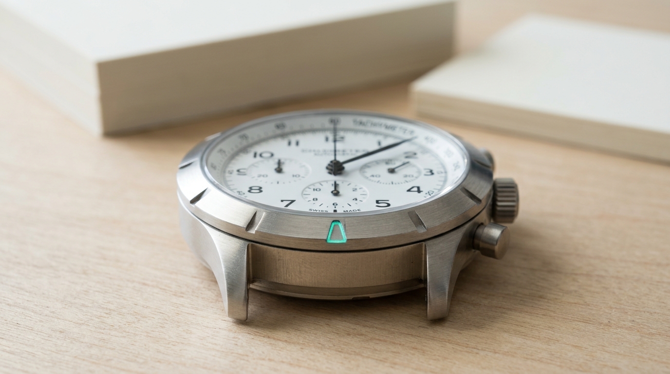 A rotary reasoning-effort ring fitted around the chronograph's case with six labeled detents, the ring paused between two of them while the split-hand gap on the dial behind it sits visibly wider than it would at the ring's neighboring position