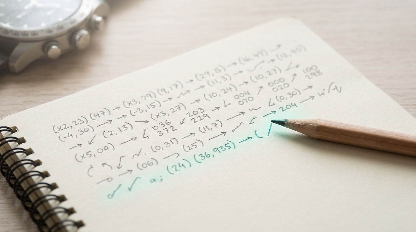 A slim notepad beside the chronograph, its open page dense with a hand-drawn shorthand notation of coordinates and arrows, a pen still completing the final line of the current entry