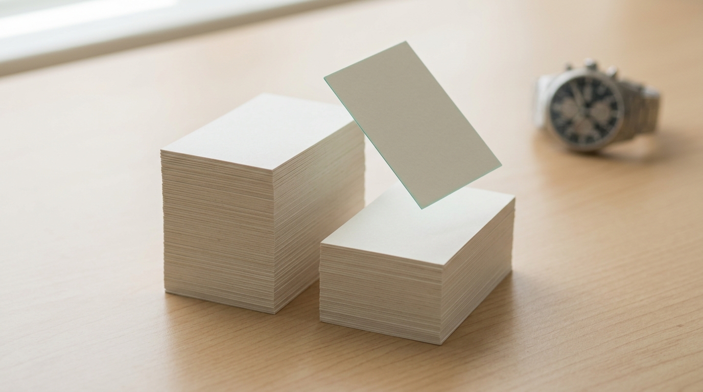 Two stacks of blank task cards on a desk at clearly different heights, a single loose card frozen in mid-air just above the shorter stack as if being added to it
